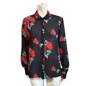 REFORMATION bold red roses floral on black semi sheer blouse womens size medium